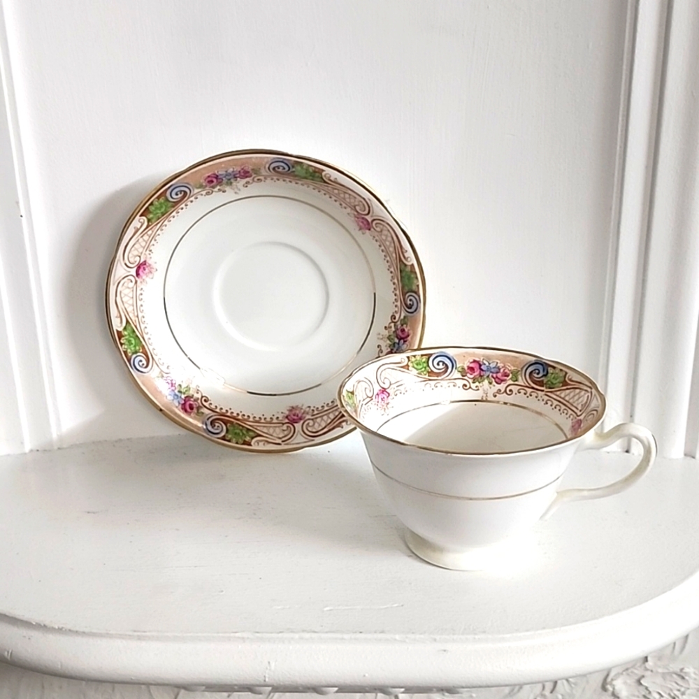 Heathcote Bone China Teacup and Saucer with Pink Cabbage Rose with Spring Flower